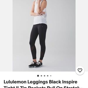 Lululemon Leggings Black Inspire Tight II Zip Pockets Pull On Stretch-never worn
